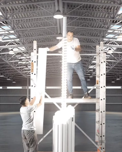 Un fusto di colonna decorativo illuminato viene installato dal team su un'impalcatura