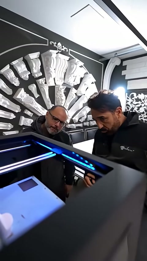 The blue-lit production platform is observed by two staff members.