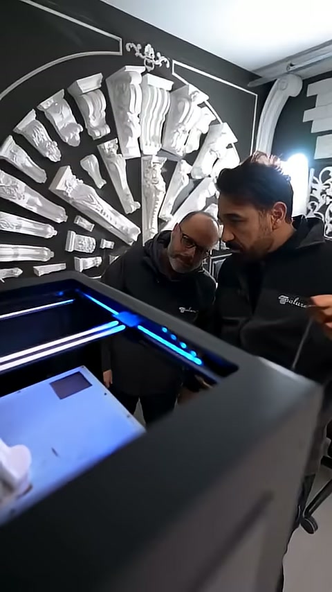 A staff member manually handles a white miniature piece in the machine.