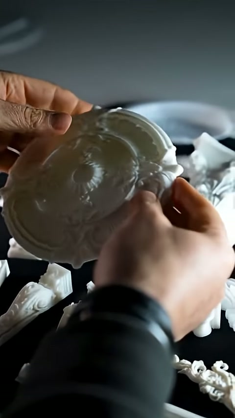 A white round ornament is displayed, grasped at the edges with both hands.