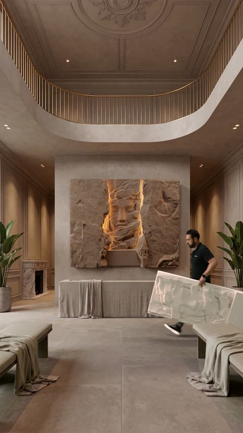 Worker carries a rectangular relief panel through an elegantly decorated interior.