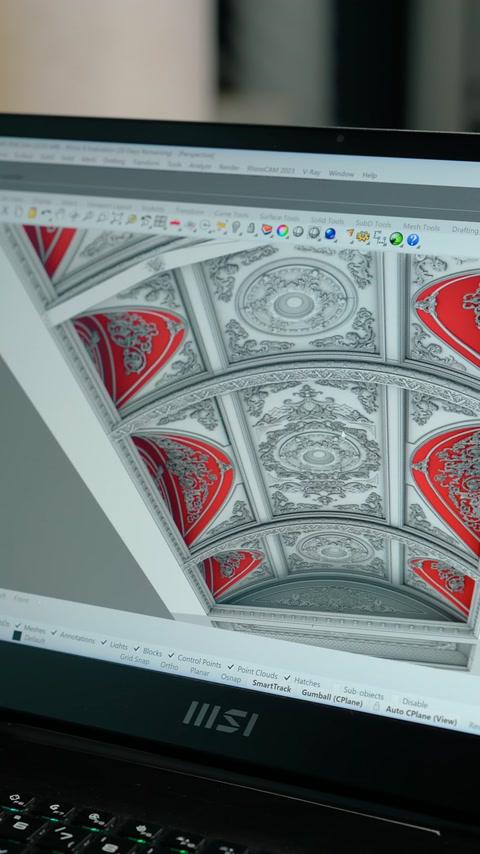 An ornamental application design prepared for a round ceiling is displayed