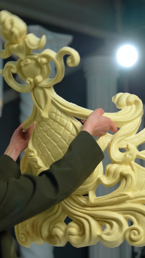 The compatibility of a large decorative motif with curved surfaces is demonstrated by hand