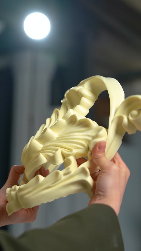The bendable edge of a leaf-patterned ornamental piece is shown
