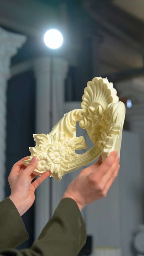 The flexibility of a decorative corner ornament bent from both ends is demonstrated