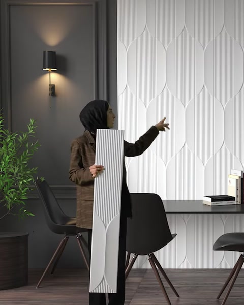 A vertical polyurethane panel and a geometric wall application are shown together