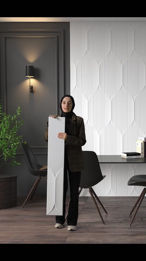 Vertically displayed fluted panel with geometric wall cladding