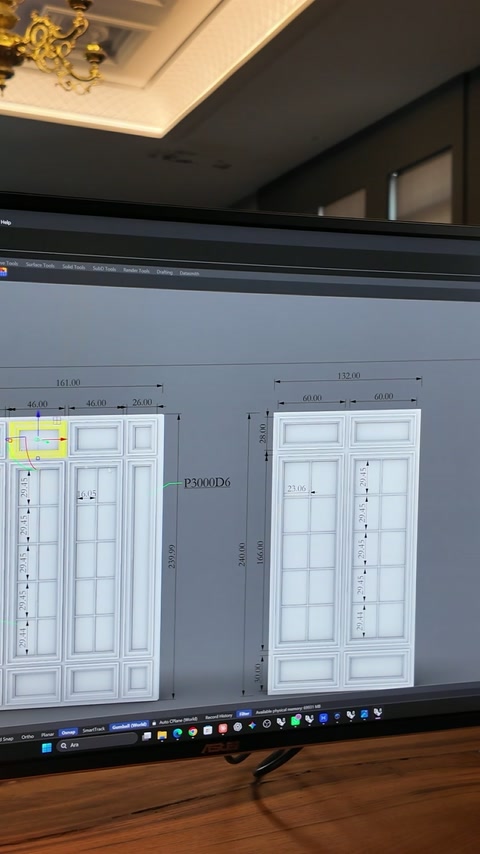 Rhino model shows the paired window-inspired decorative panel composition