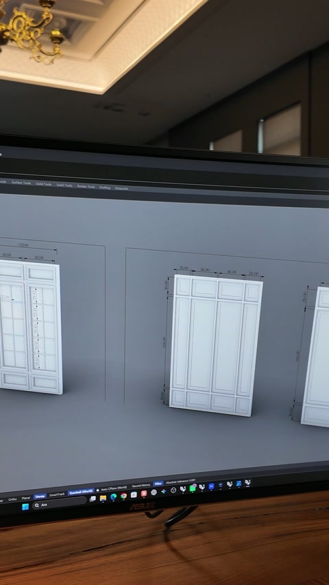 Dimensioned Rhino drawing presents tall panels and narrow side sections