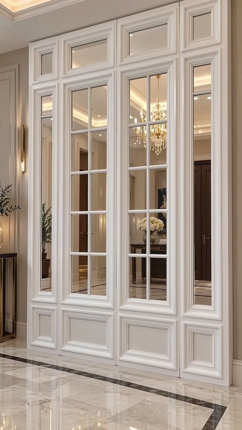 Installed window-inspired panels frame mirrored openings in an elegant interior