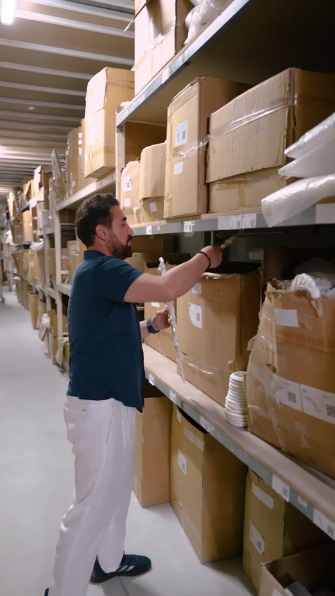 Designer removes thin decorative profile piece from boxed warehouse shelf.