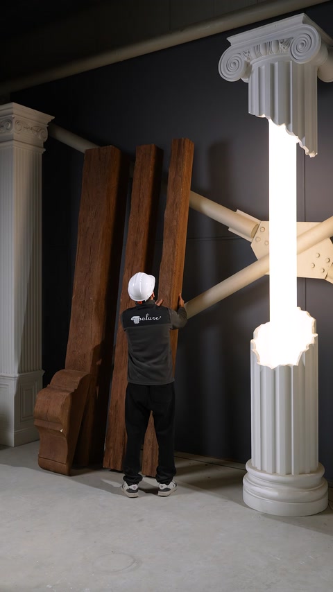 Presenter arranges decorative wood-effect beams against the showroom wall