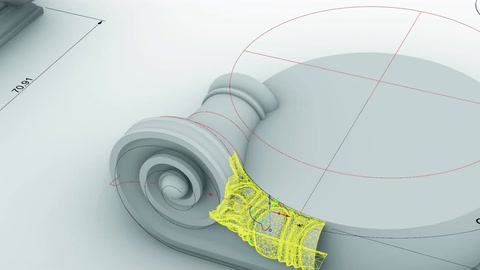 La texture curva della voluta del capitello viene dettagliata ed evidenziata in giallo.