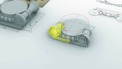 La parte inferiore del modello di capitello viene lavorata con evidenziazione gialla e misurazione dell'angolo.