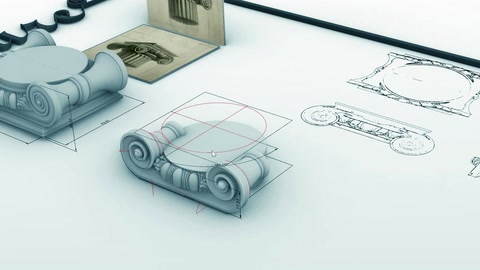 Il modello di capitello di colonna in poliuretano viene mostrato di lato su uno sfondo di disegno tecnico.