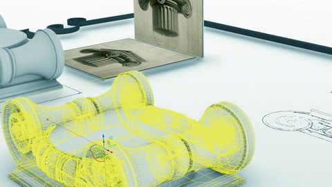 Il modello completo del capitello viene mostrato sovrapposto a un disegno wireframe trasparente.