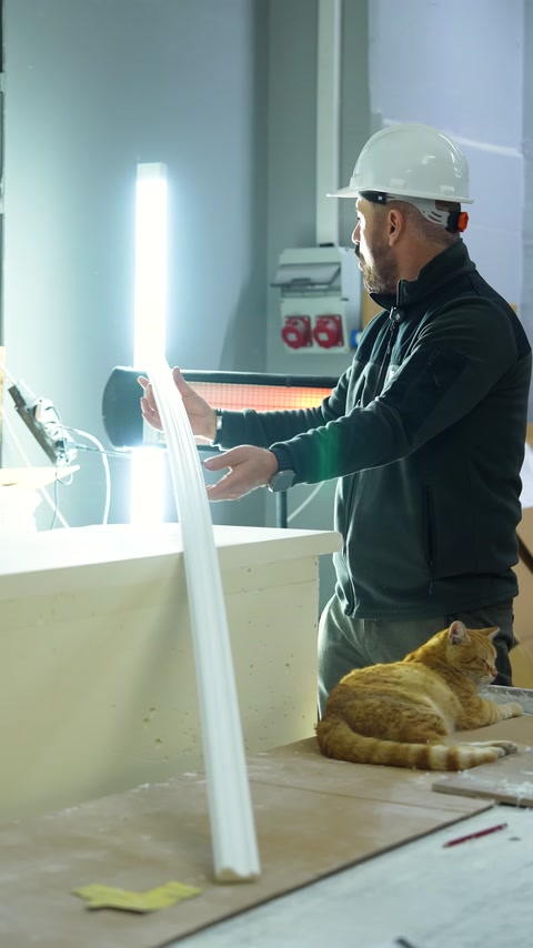 Uzun beyaz dekoratif profil çalışma tezgâhında dik konumda sergileniyor