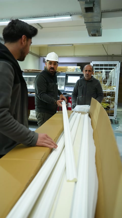 Tre responsabili controllano insieme la disposizione delle lisce in poliuretano nella scatola.