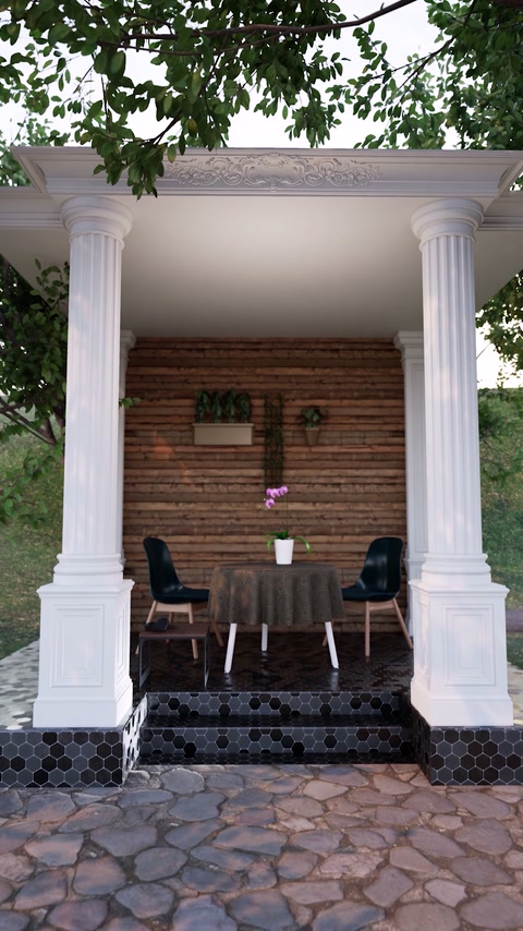 Garden porch framed by two columns and a classical entablature