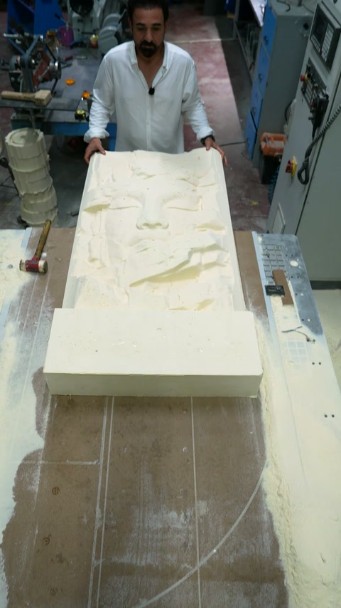 Workshop technician prepares a large decorative relief mould for production