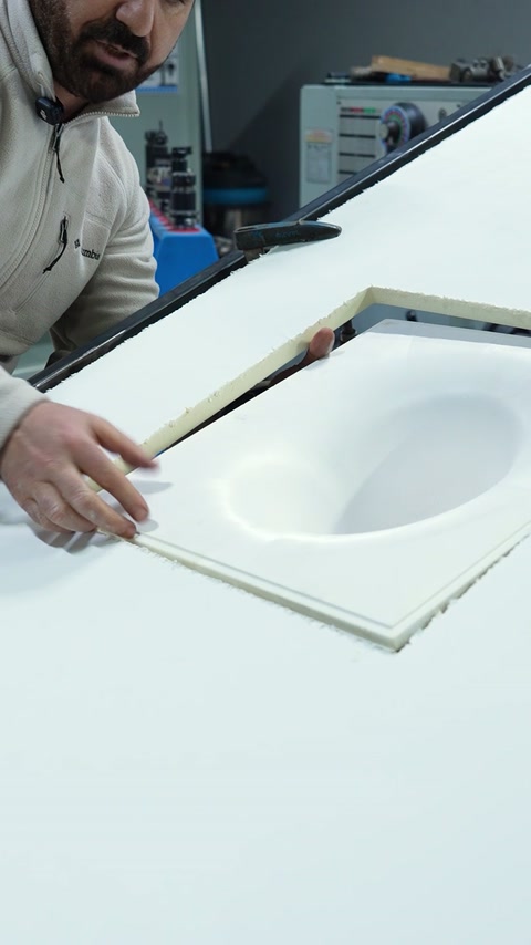 Worker cuts a shaped component from a white production sheet