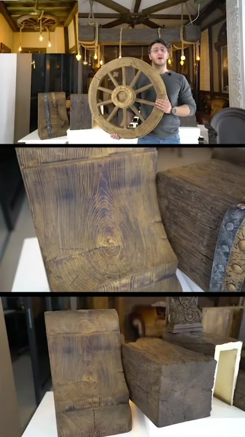 Sono esposti campioni di travi effetto legno e un modello decorativo di timone