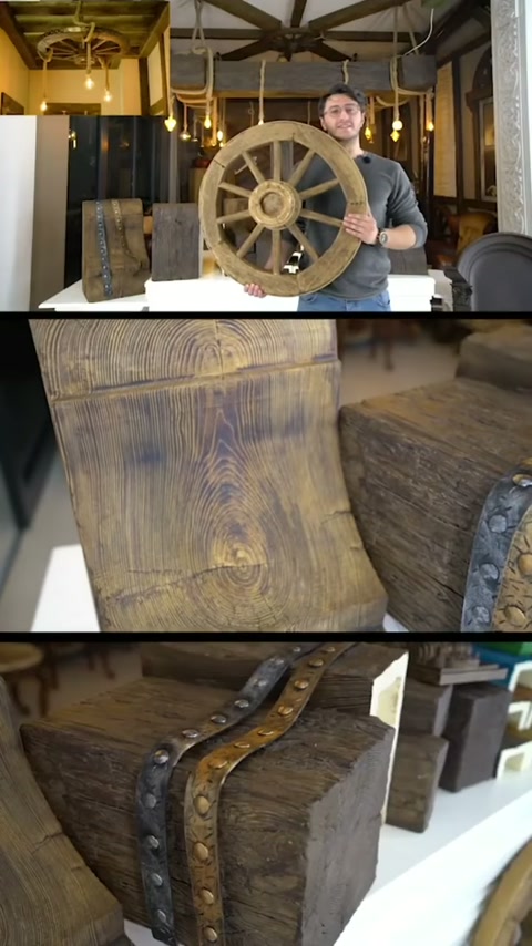 Nella sala espositiva vengono mostrati esempi di cornici decorative e travi in stile rustico
