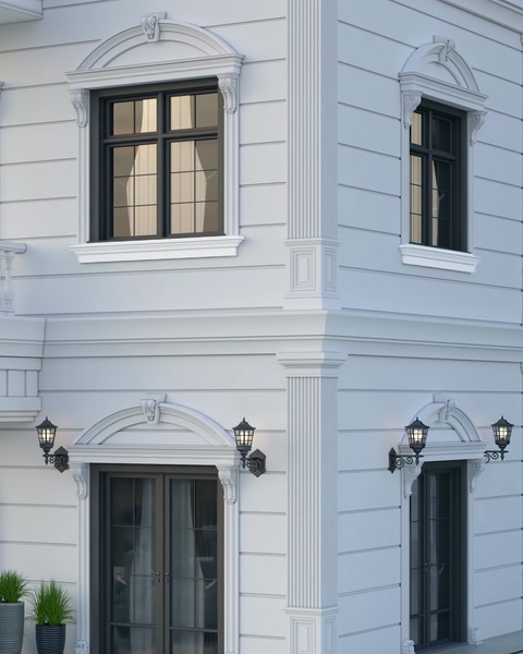 Building corner exterior with polyurethane cornice and window trims.
