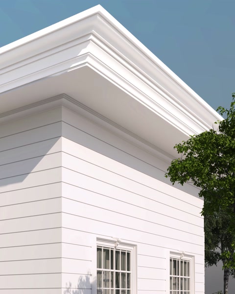 3D rendering of rooftop cornice corner joint detail.