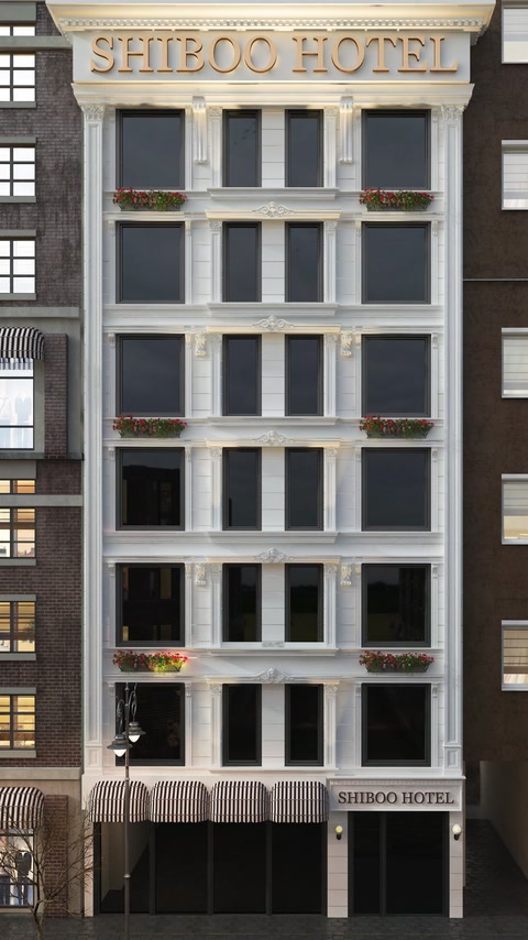 Multi-story building facade decorated with polyurethane window cornices.