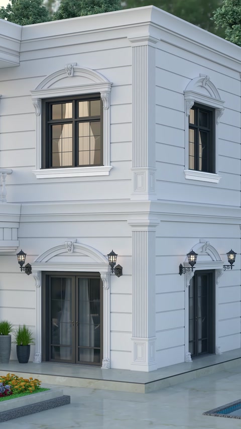 Building corner exterior with polyurethane cornice and window trims.
