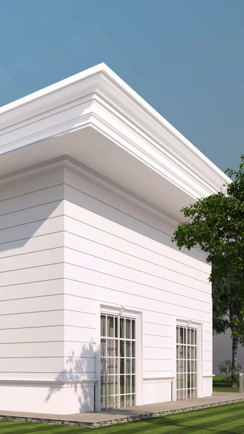 3D rendering of rooftop cornice corner joint detail.