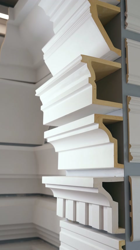 Polyurethane moulding profiles are displayed in layered showroom wall sections.