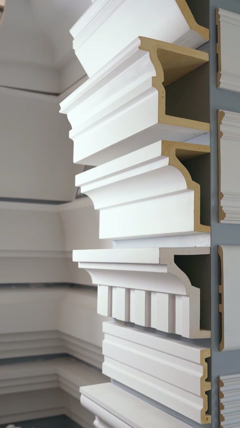 Assorted white cornice and trim profiles fill a vertical showroom display.