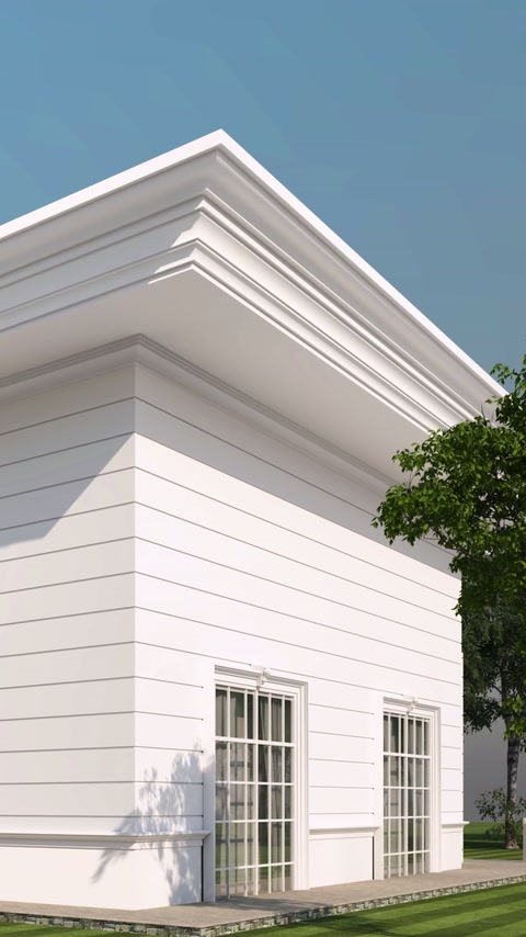 Exterior cornices finish the roofline of a rendered two-story house.