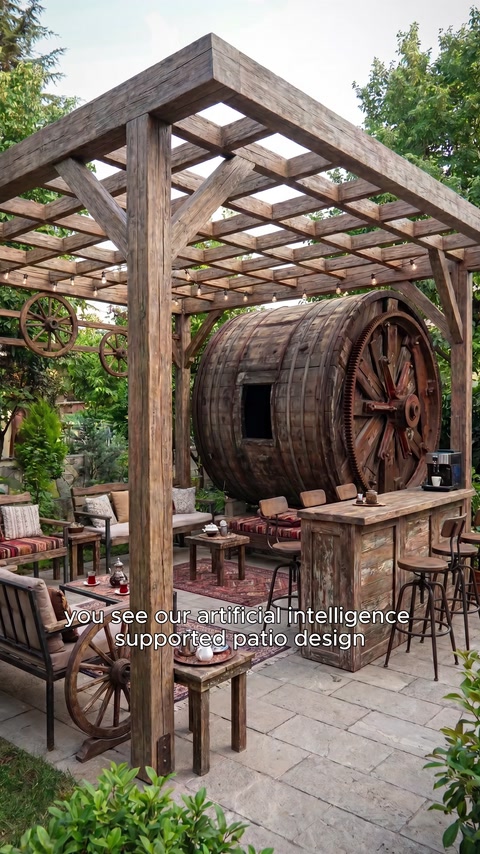 Ahşap pergola altında konumlandırılmış fıçı biçimli sıra dışı yapı