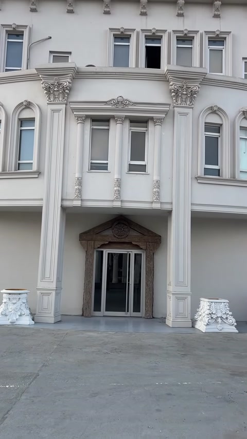 Vista d’insieme delle grandi colonne e delle decorazioni della facciata all’ingresso di una villa