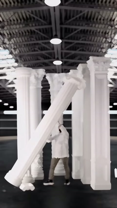 Workshop employees positioning a tall decorative column shaft to vertical