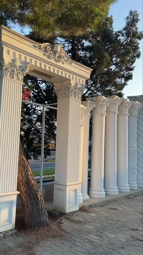 Corinthian-topped columns and ornate entrance displayed beside trees