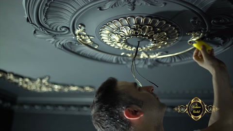 Il rosone da soffitto presenta uno sfondo nero con dettagli in oro