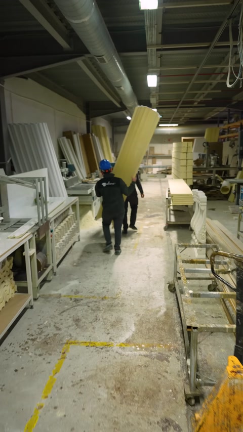 A worker carries a long yellow decorative profile along the production line
