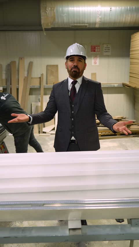 Long white decorative profiles are displayed together on a workbench