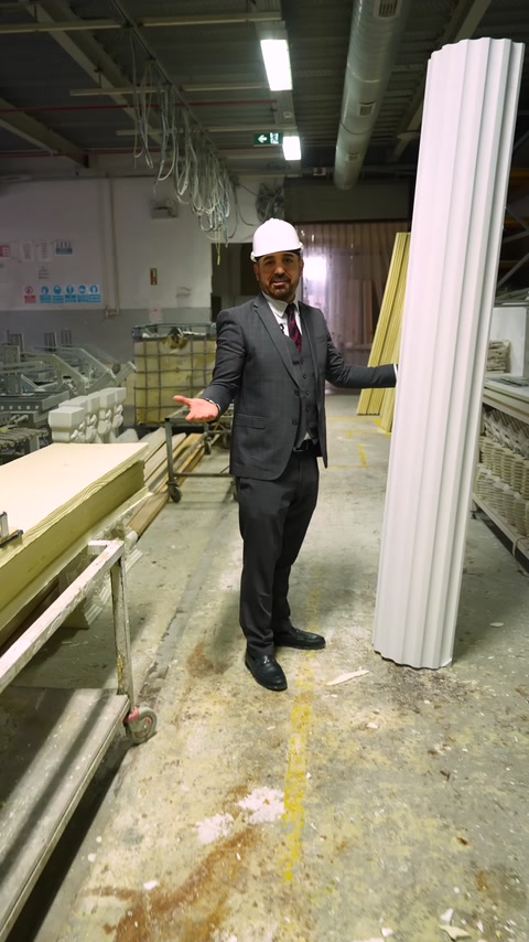 Large fluted column shafts are displayed together in the production area