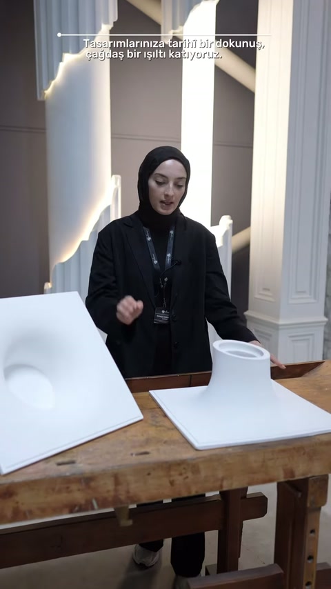 Apparecchio amorf a collo lungo esposto sul tavolo davanti a colonne decorative.
