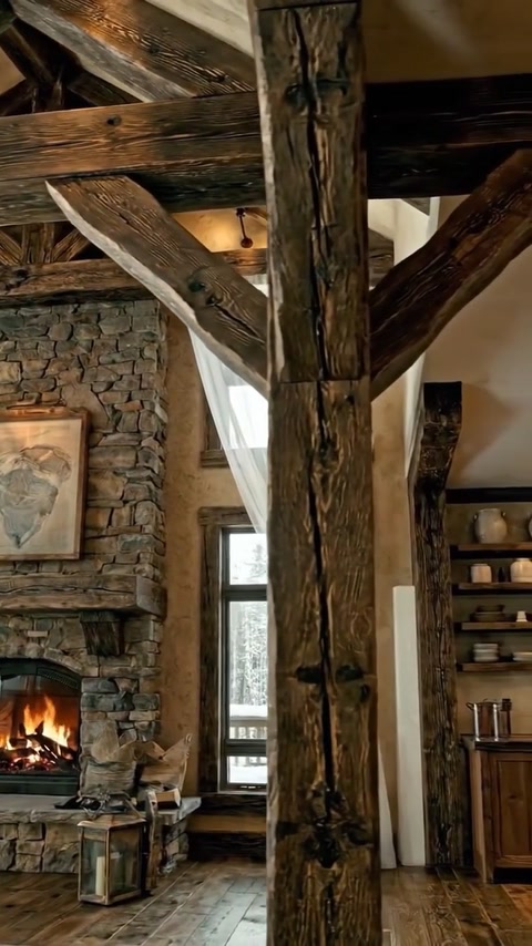 Detailed corbel supports intersecting faux wood beams beside the fireplace