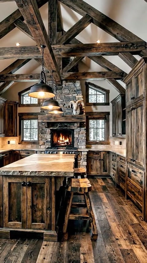 Decorative ceiling beams create a rustic framework above the kitchen