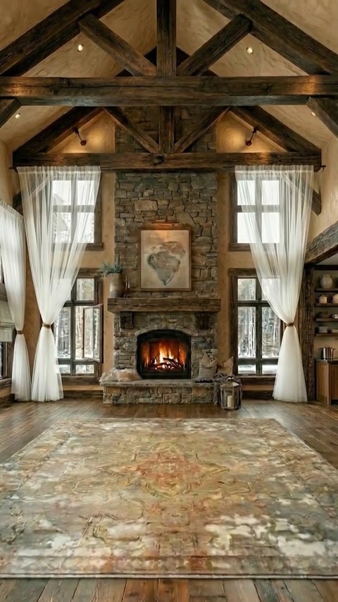 Full living room view with faux beams and matching corbels