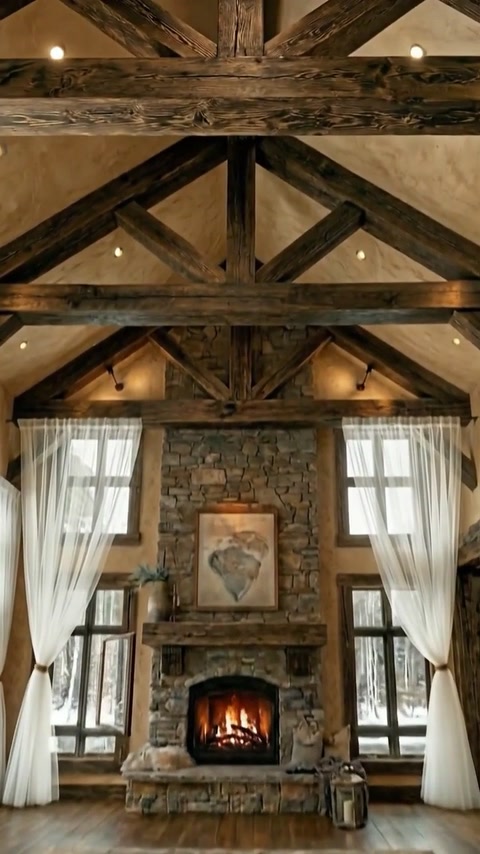 Triangular beam arrangement highlights the vaulted ceiling design