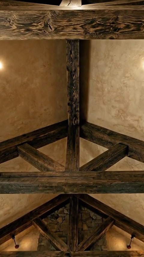 Close view reveals weathered grain across the dark ceiling beams