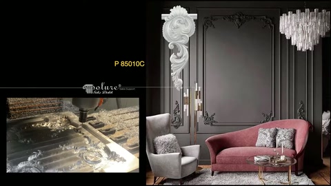 Floral rosette vertical corner element is displayed next to production work